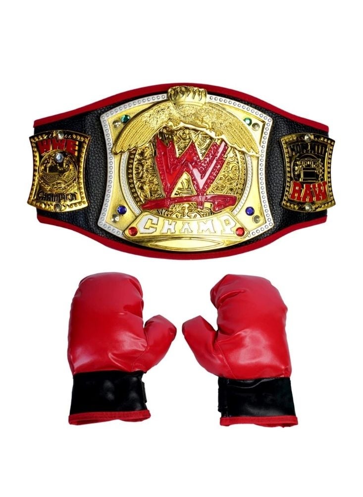 بريميم حزام بطولة المصارعة للأطفال مع مجموعة قفازات الملاكمة - حزام بطولة على طراز WWE وقفازات ملاكمة حمراء للعب التخيلي - Image 5